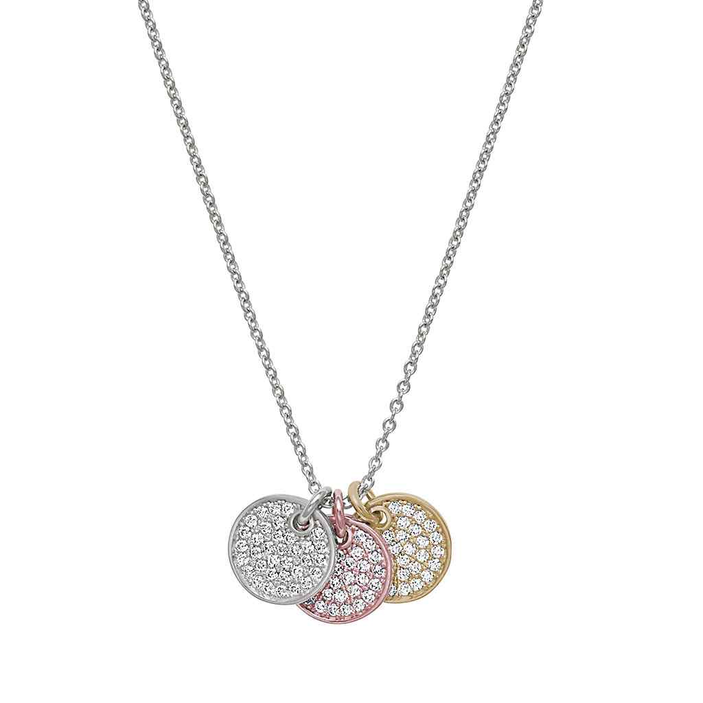 A three circle pendant necklace with simulated diamonds displayed on a neutral white background.