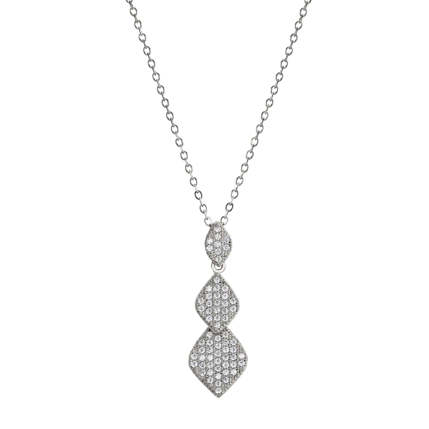A 3 graduating diamond shapes pendant with simulated diamonds displayed on a neutral white background.