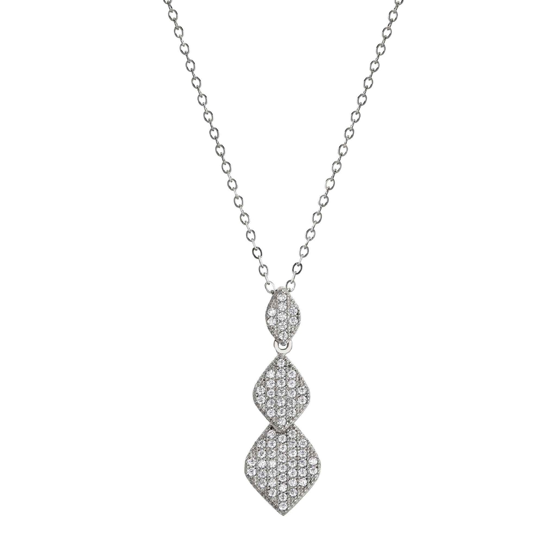 A 3 graduating diamond shapes pendant with simulated diamonds displayed on a neutral white background.