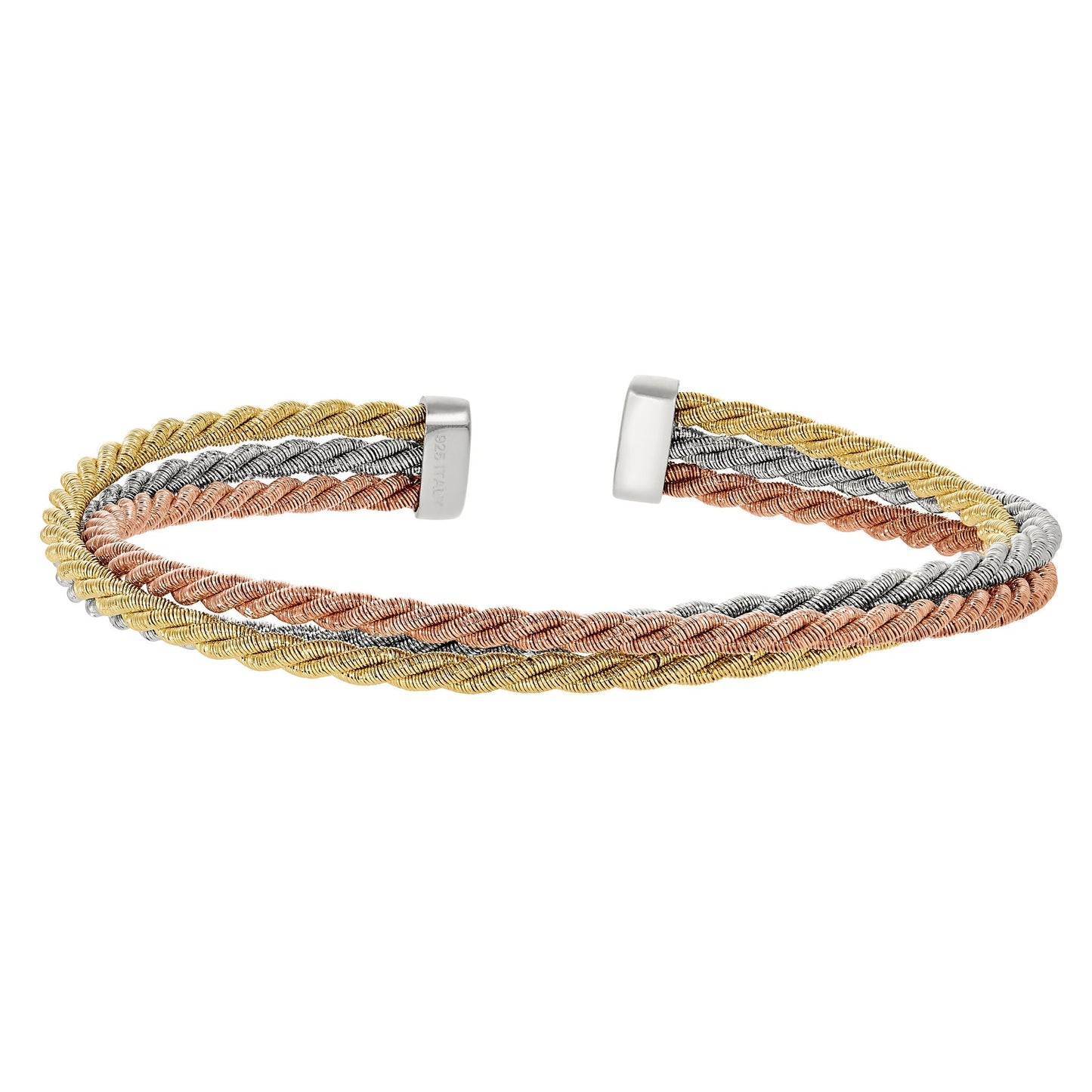 A triple rope rose yellow & white gold twist bracelet displayed on a neutral white background.