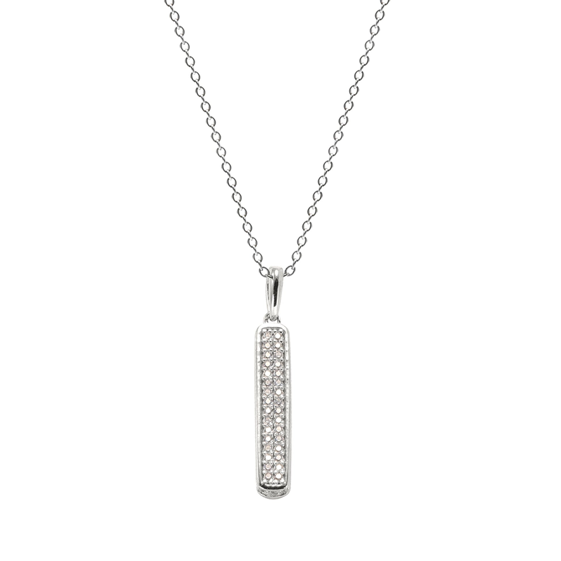 A 3 sided bar pendant with simulated diamonds displayed on a neutral white background.