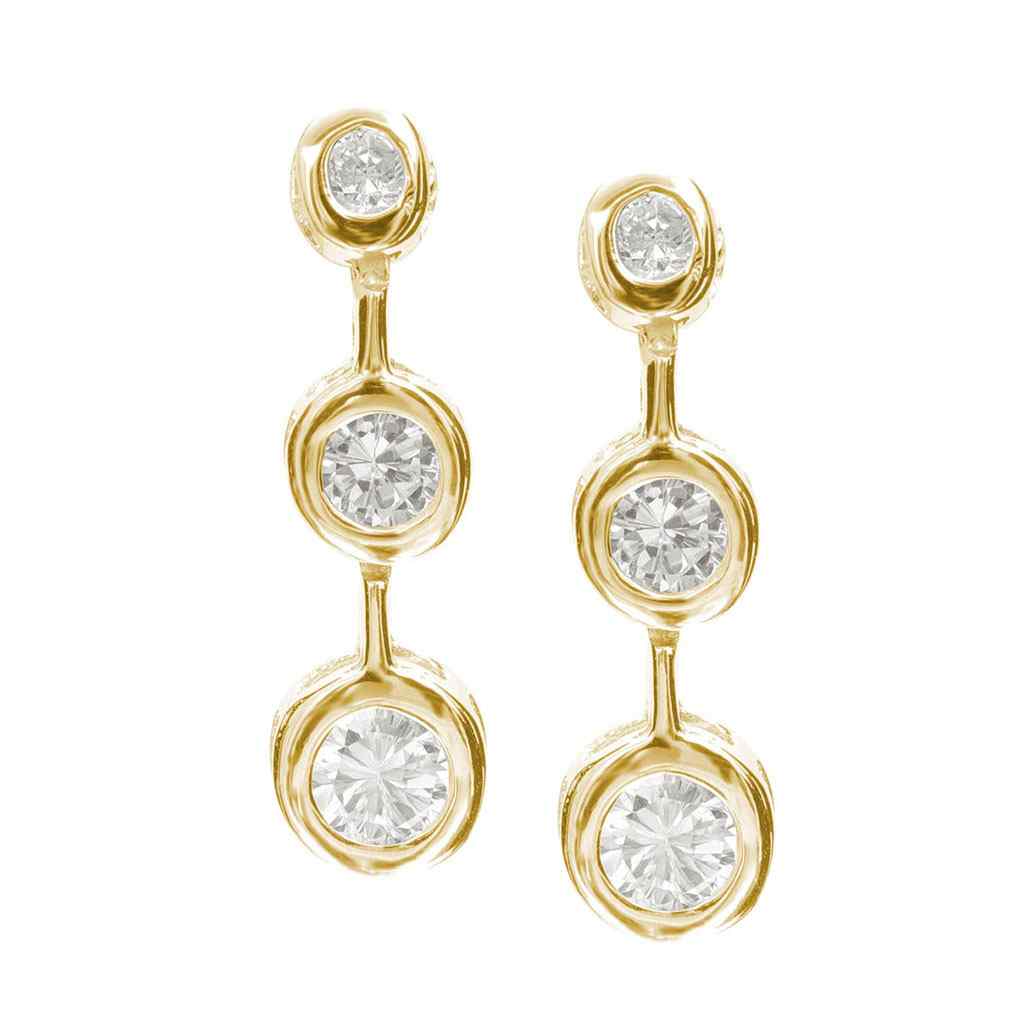 A three stone bezel set simulated diamond earrings displayed on a neutral white background.