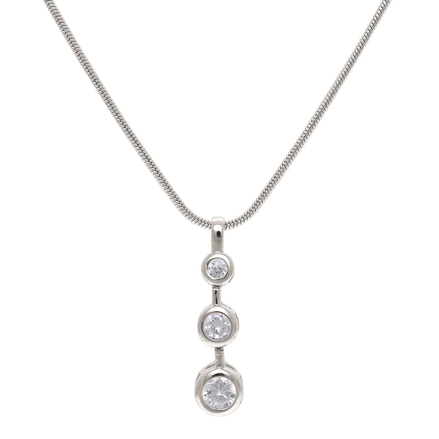A three stone bezel set simulated diamond necklace displayed on a neutral white background.