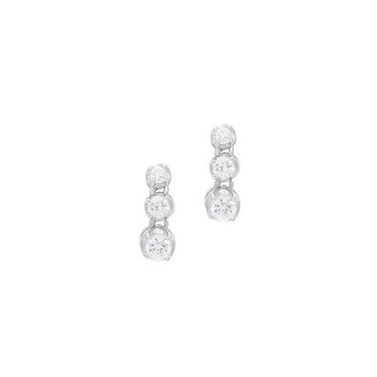 A three stone fancy drop simulated diamond earrings displayed on a neutral white background.