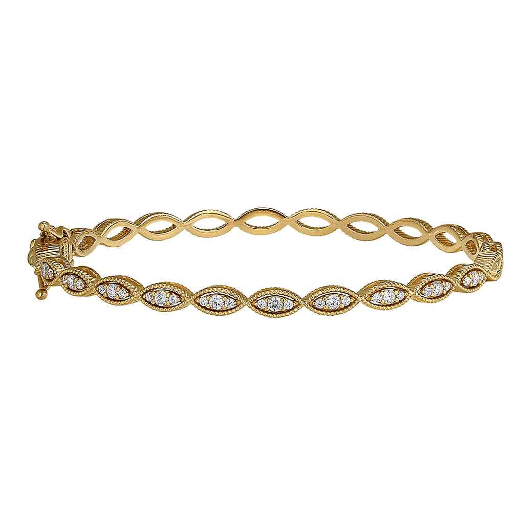 A three stone marquise bangle bracelet with simulated diamonds displayed on a neutral white background.