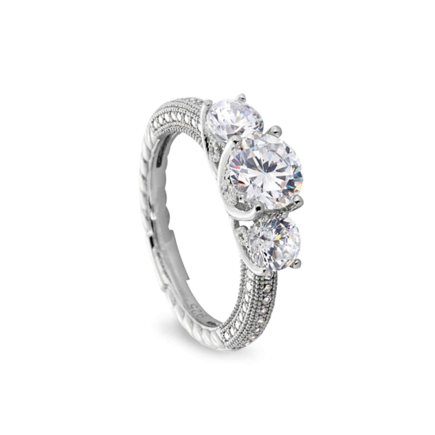 A three stone ring with 50 simulated diamonds displayed on a neutral white background.
