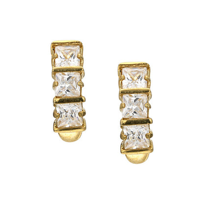 A three stone square simulated diamond earrings displayed on a neutral white background.