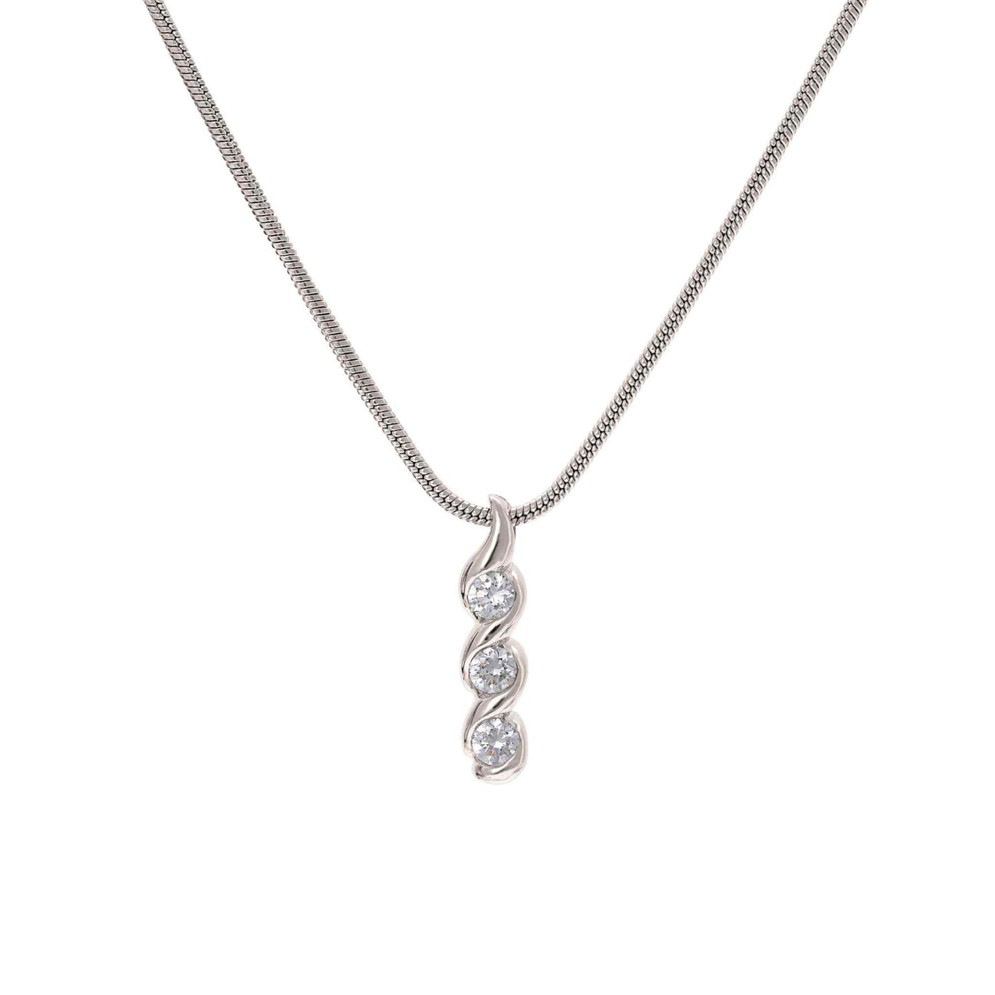 A three stone swirl necklace displayed on a neutral white background.