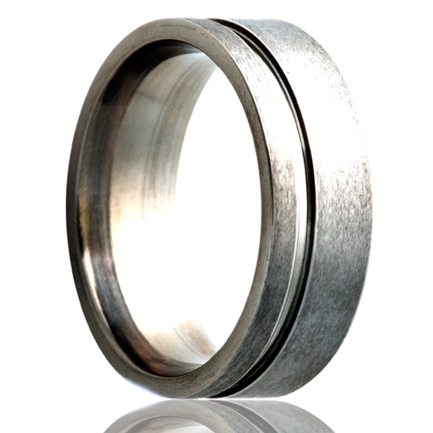 A satin finish asymmetrical grooved titanium wedding band displayed on a neutral white background.
