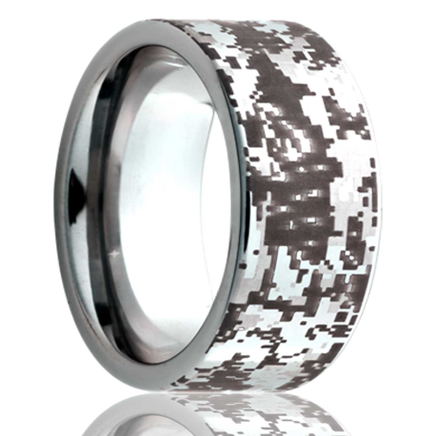 A digital camo titanium wedding band displayed on a neutral white background.