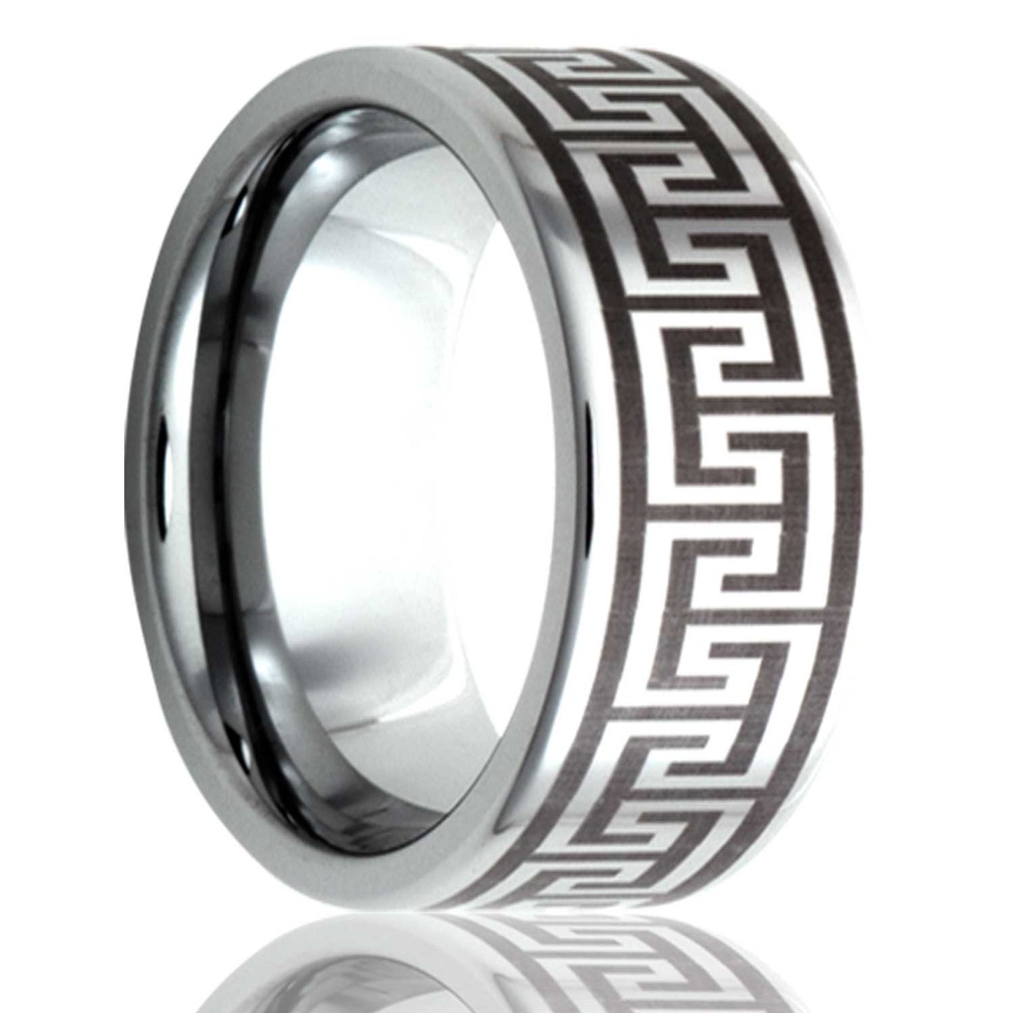 A greek key engraved titanium wedding band displayed on a neutral white background.
