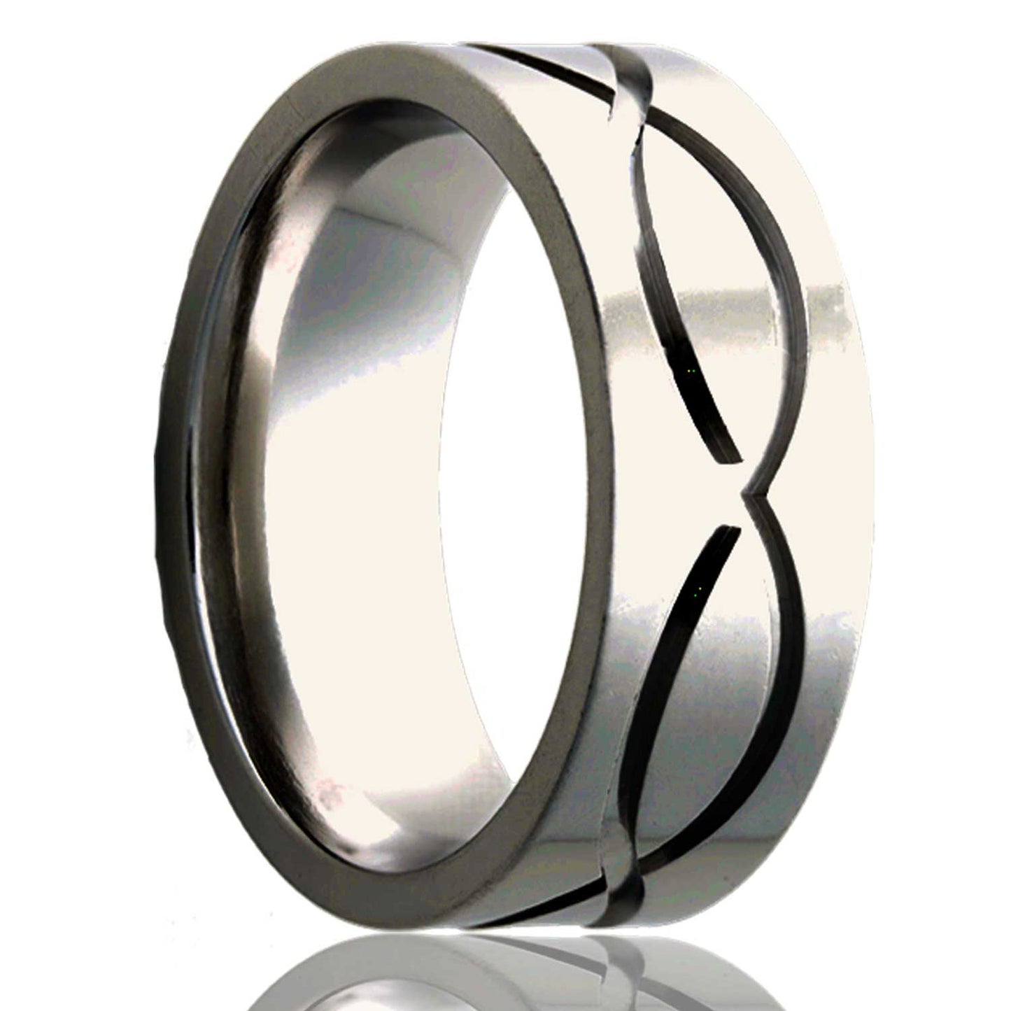 A infinity waves platinum wedding band displayed on a neutral white background.