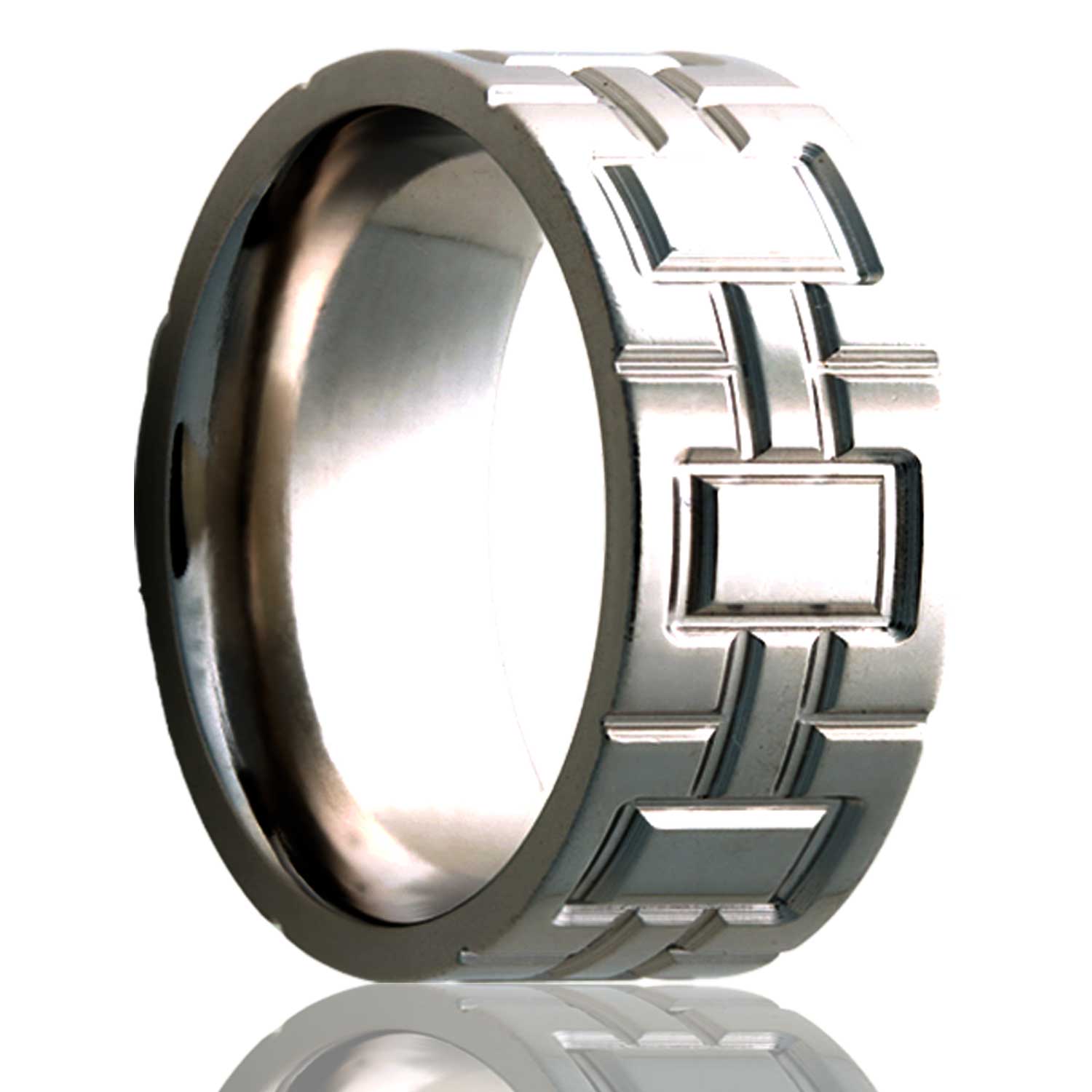 A geometric cube pattern titanium wedding band displayed on a neutral white background.
