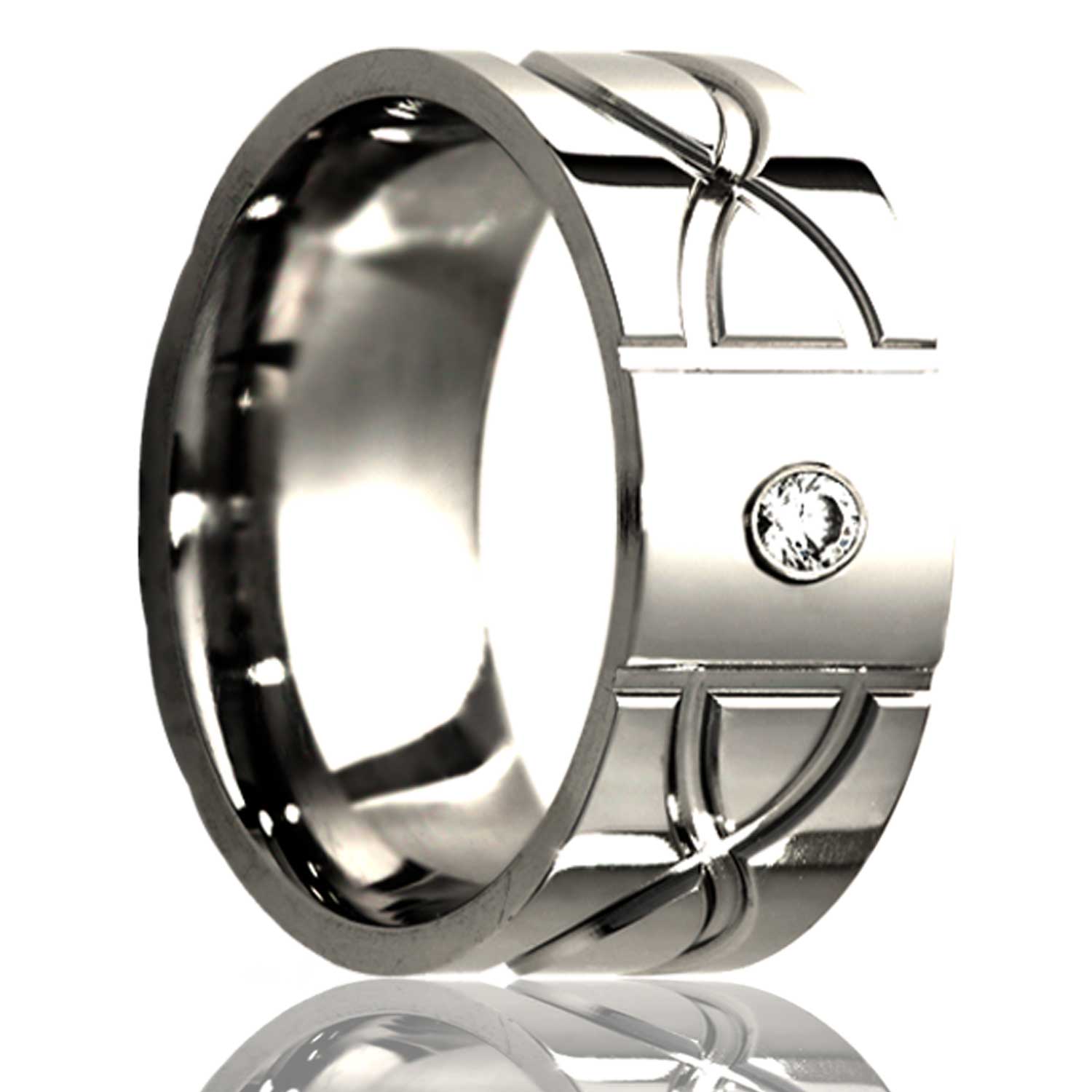 A infinity waves titanium men's wedding band with diamond displayed on a neutral white background.