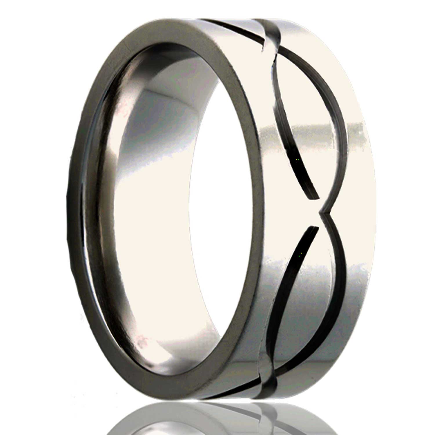 A infinity waves cobalt wedding band displayed on a neutral white background.