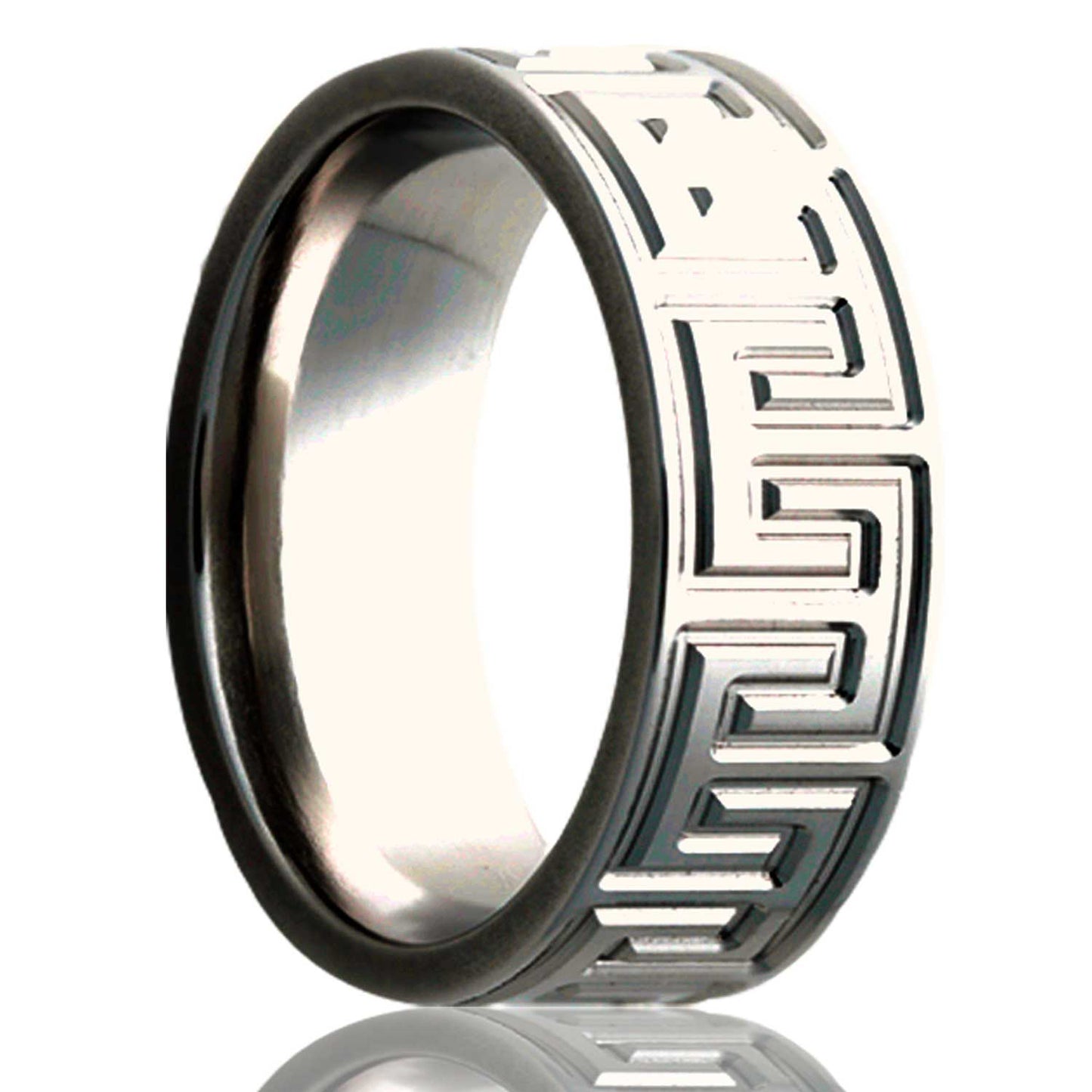 A greek key titanium wedding band displayed on a neutral white background.