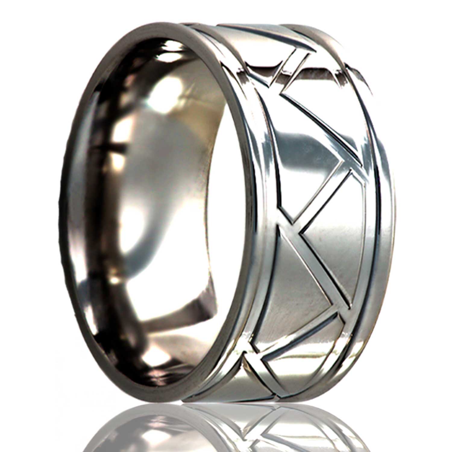 A grooved triangles titanium wedding band displayed on a neutral white background.