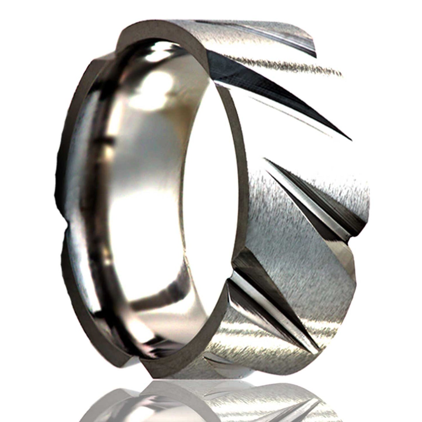 A diagonal slash titanium wedding band displayed on a neutral white background.
