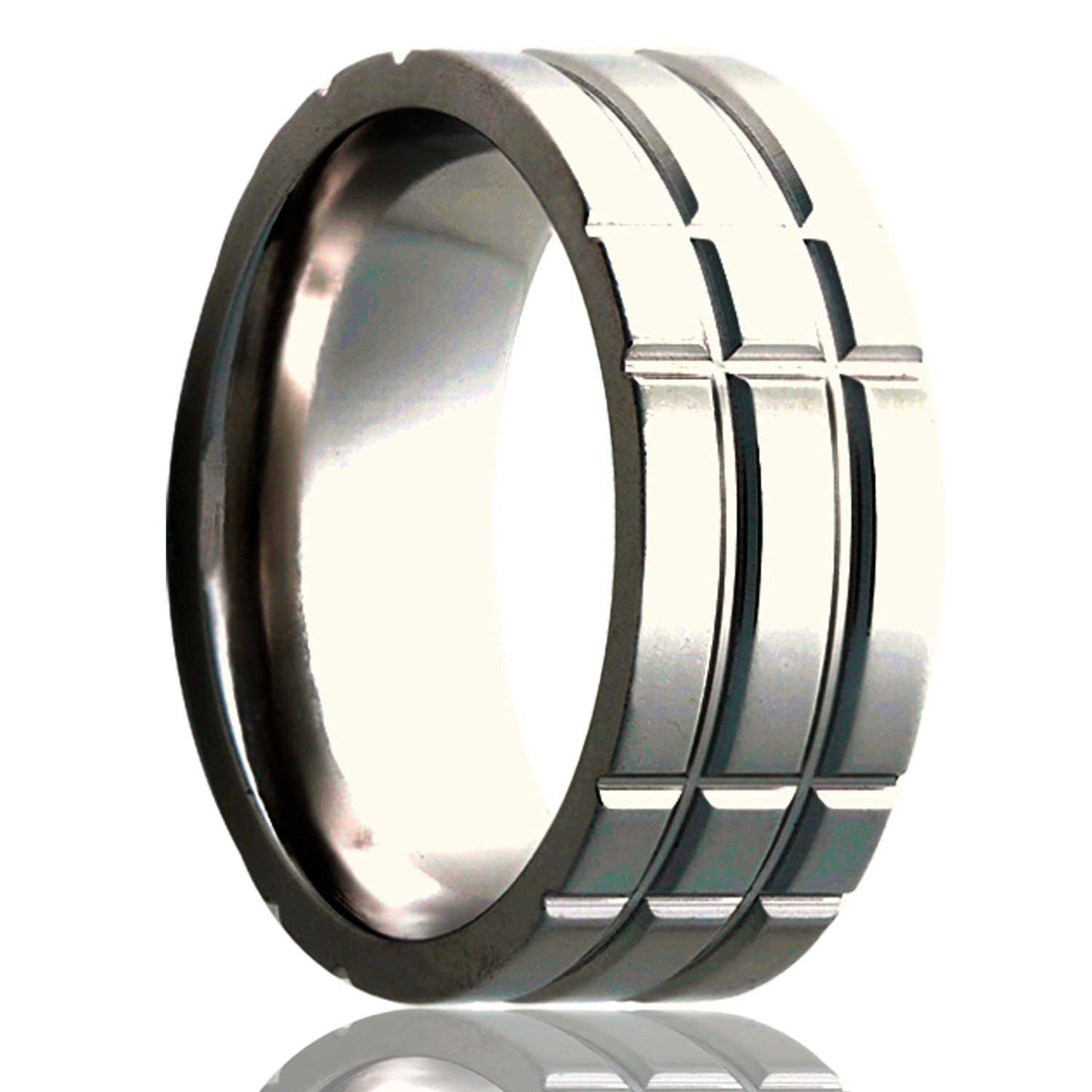 A intersecting grooves titanium wedding band displayed on a neutral white background.