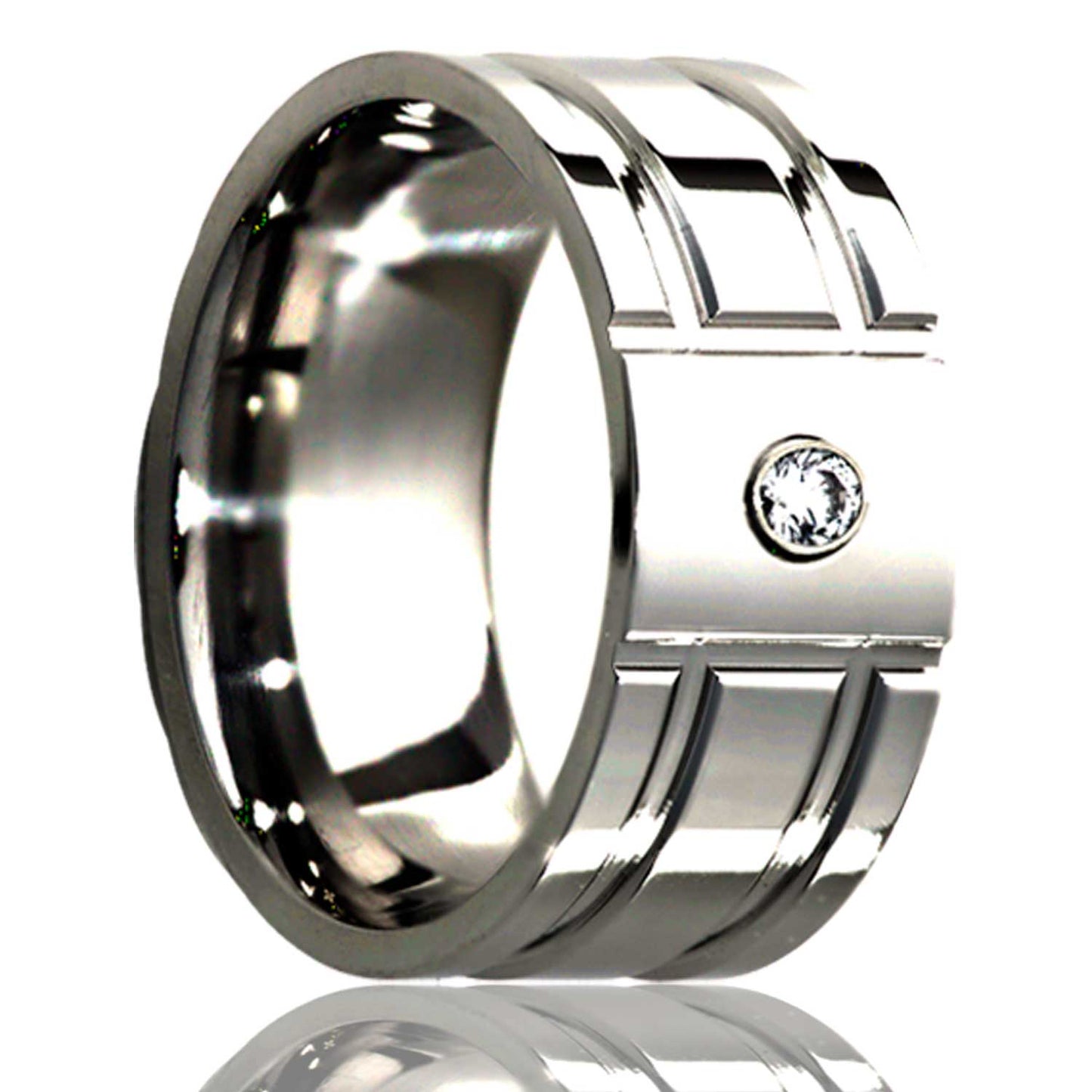A grooved titanium men's wedding band with diamond displayed on a neutral white background.