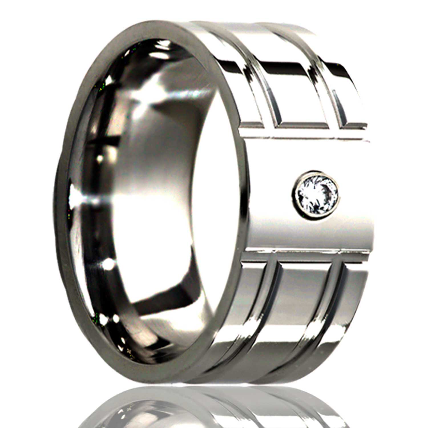 A grooved titanium men's wedding band with diamond displayed on a neutral white background.
