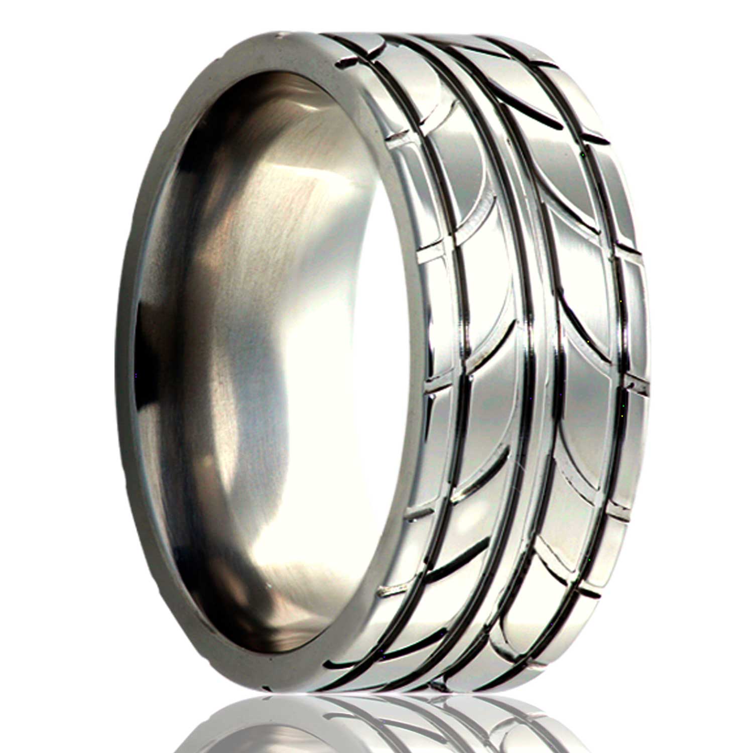 A tire treads titanium men's wedding band displayed on a neutral white background.