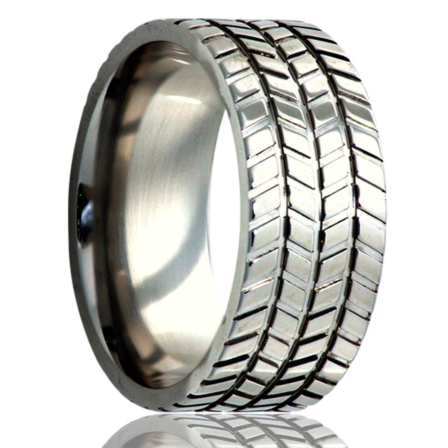 A tire tread titanium men's wedding band displayed on a neutral white background.