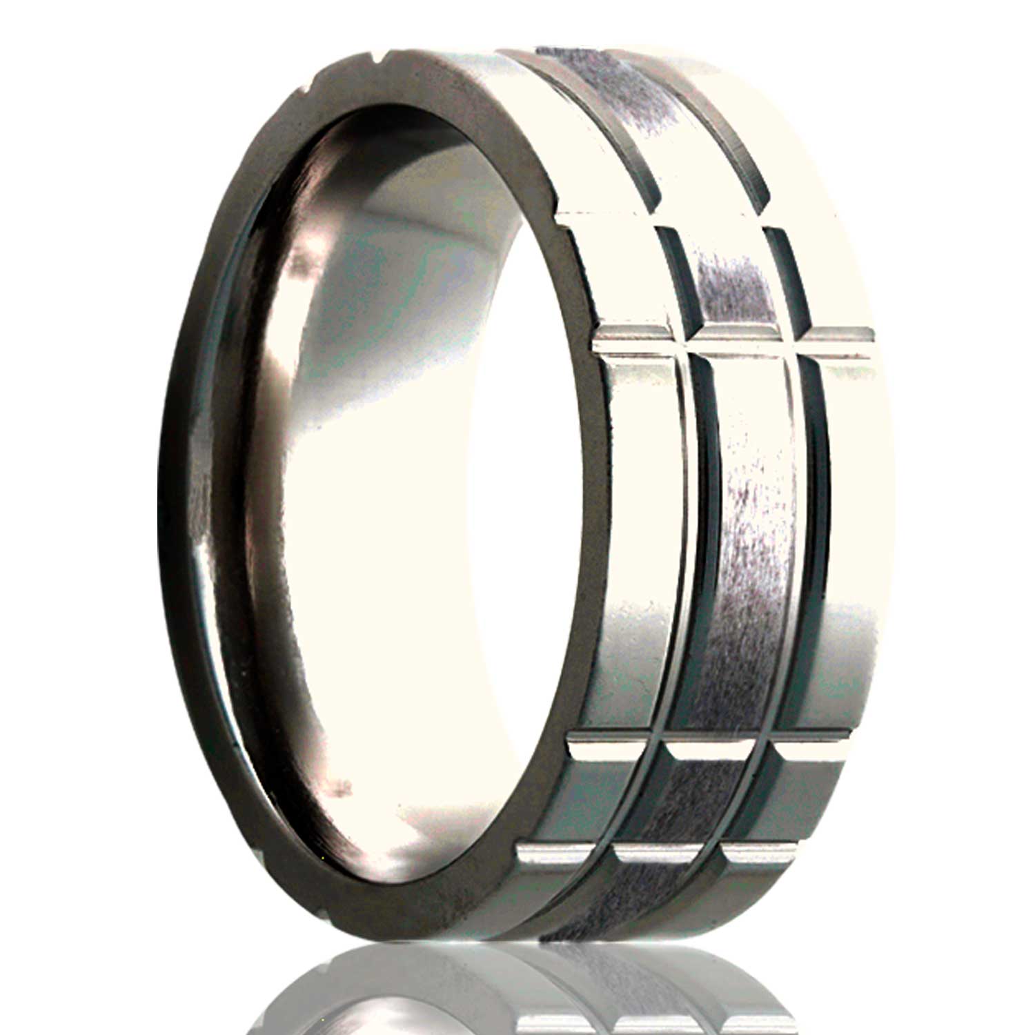 A intersecting grooves satin finish titanium wedding band displayed on a neutral white background.