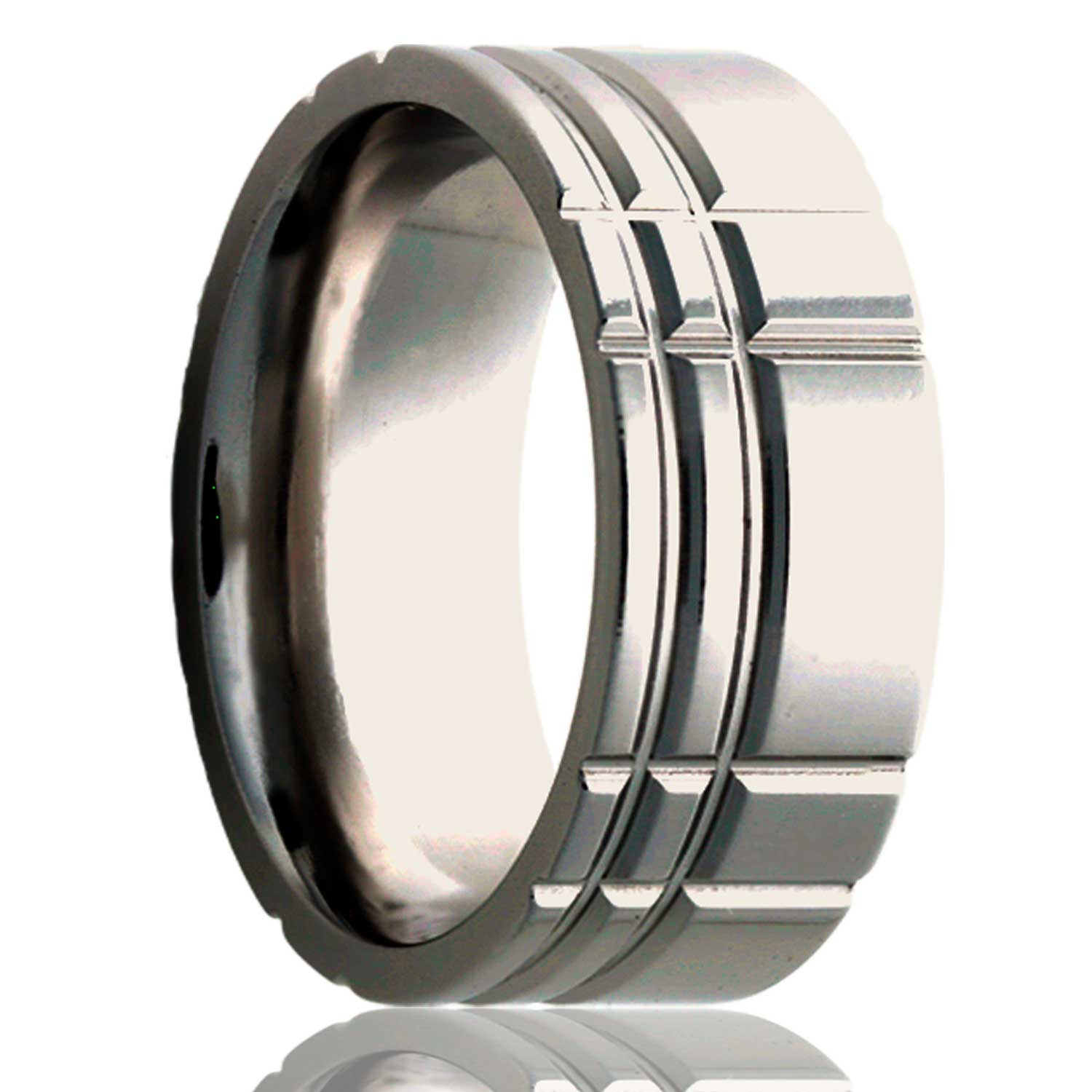 A asymmetrical intersecting grooves titanium wedding band displayed on a neutral white background.