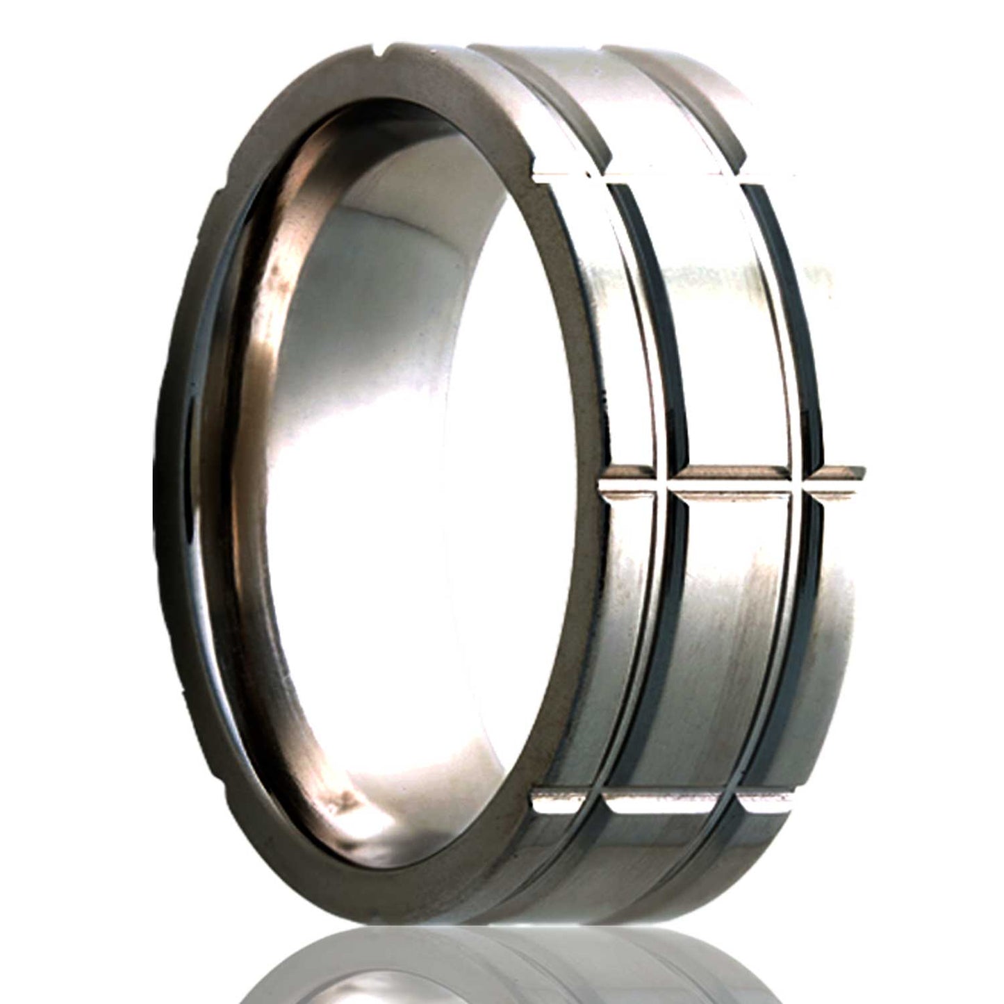 A intersecting groove pattern titanium wedding band displayed on a neutral white background.