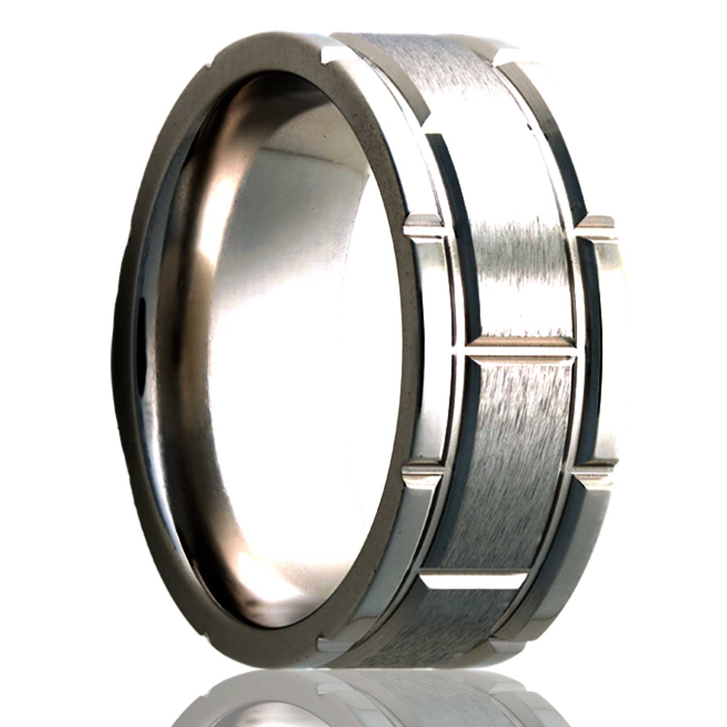 A brick pattern satin finish cobalt men's wedding band displayed on a neutral white background.