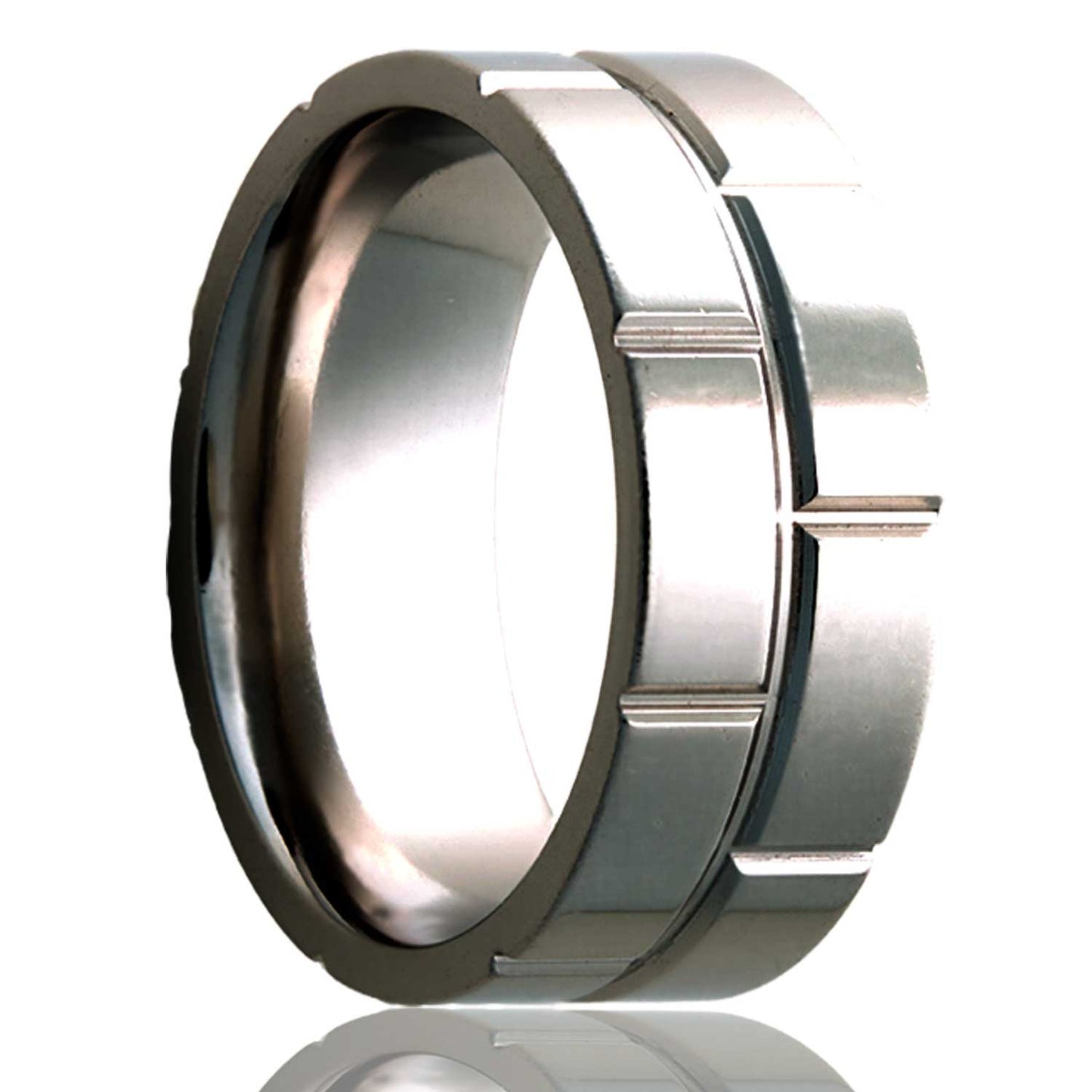 A brick grooved titanium wedding band displayed on a neutral white background.