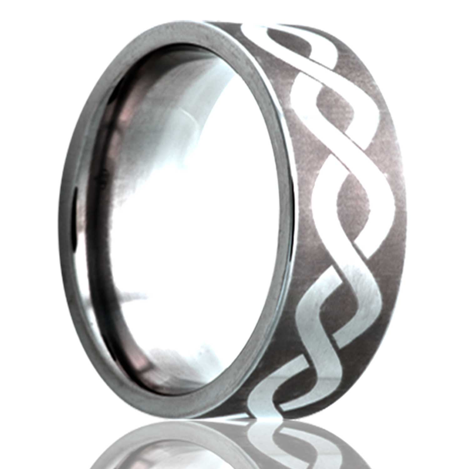 A infinity waves engraved titanium wedding band displayed on a neutral white background.