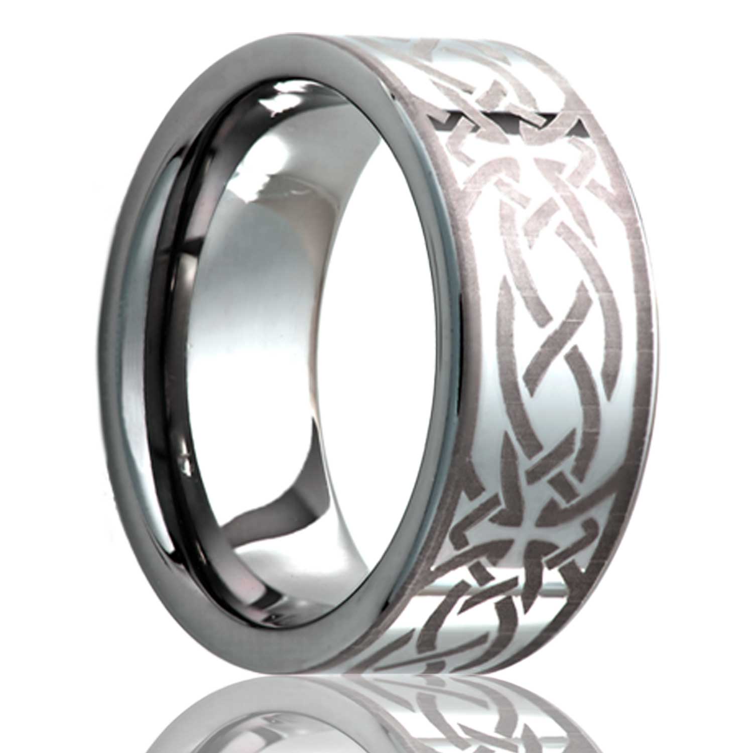 A celtic cross knot titanium wedding band displayed on a neutral white background.