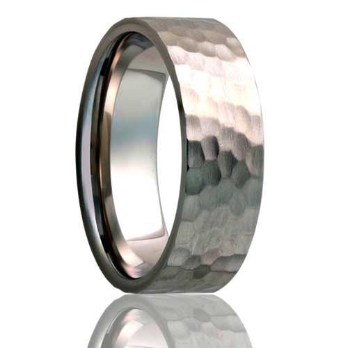 A hammered finish titanium wedding band displayed on a neutral white background.