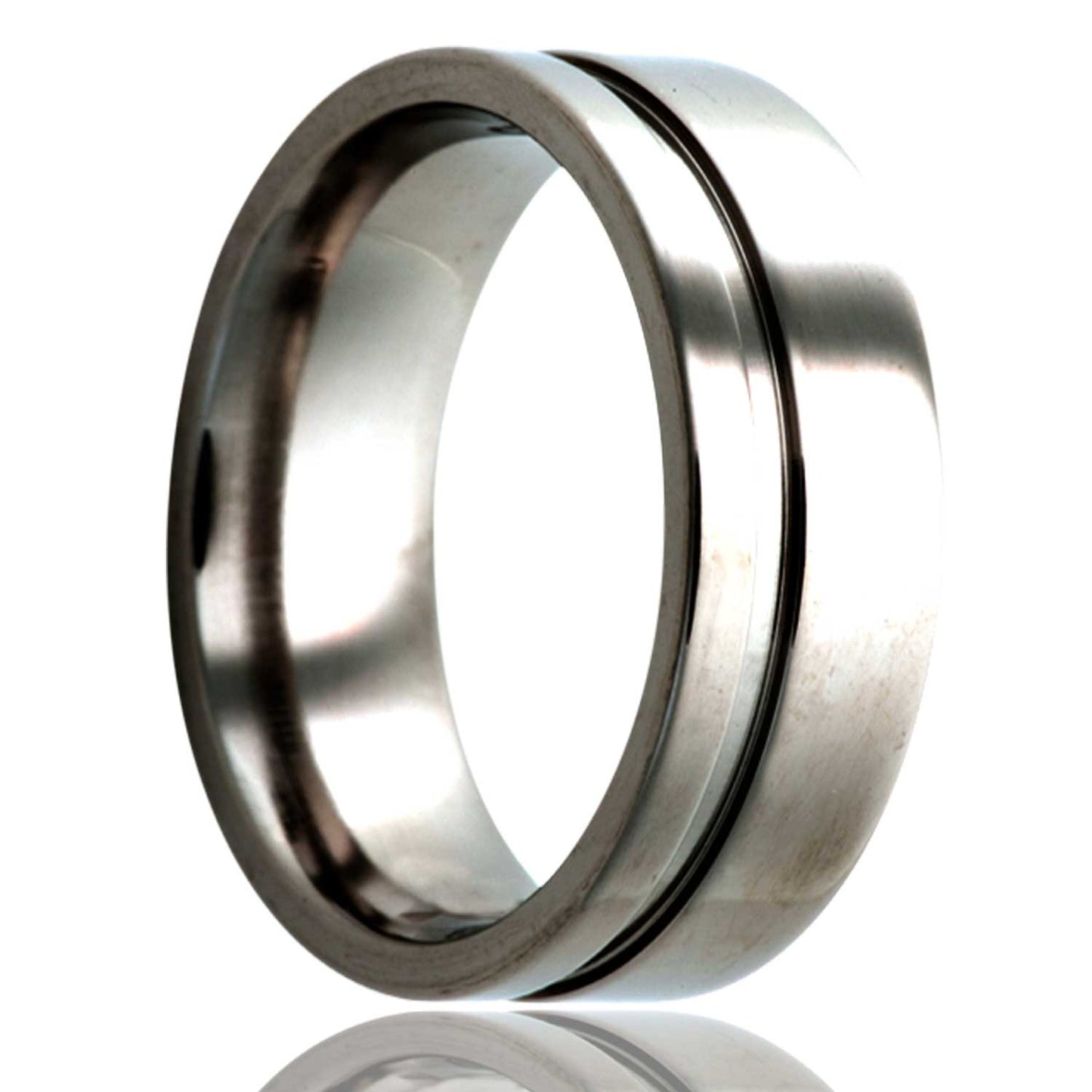 A asymmetrical grooved titanium wedding band displayed on a neutral white background.