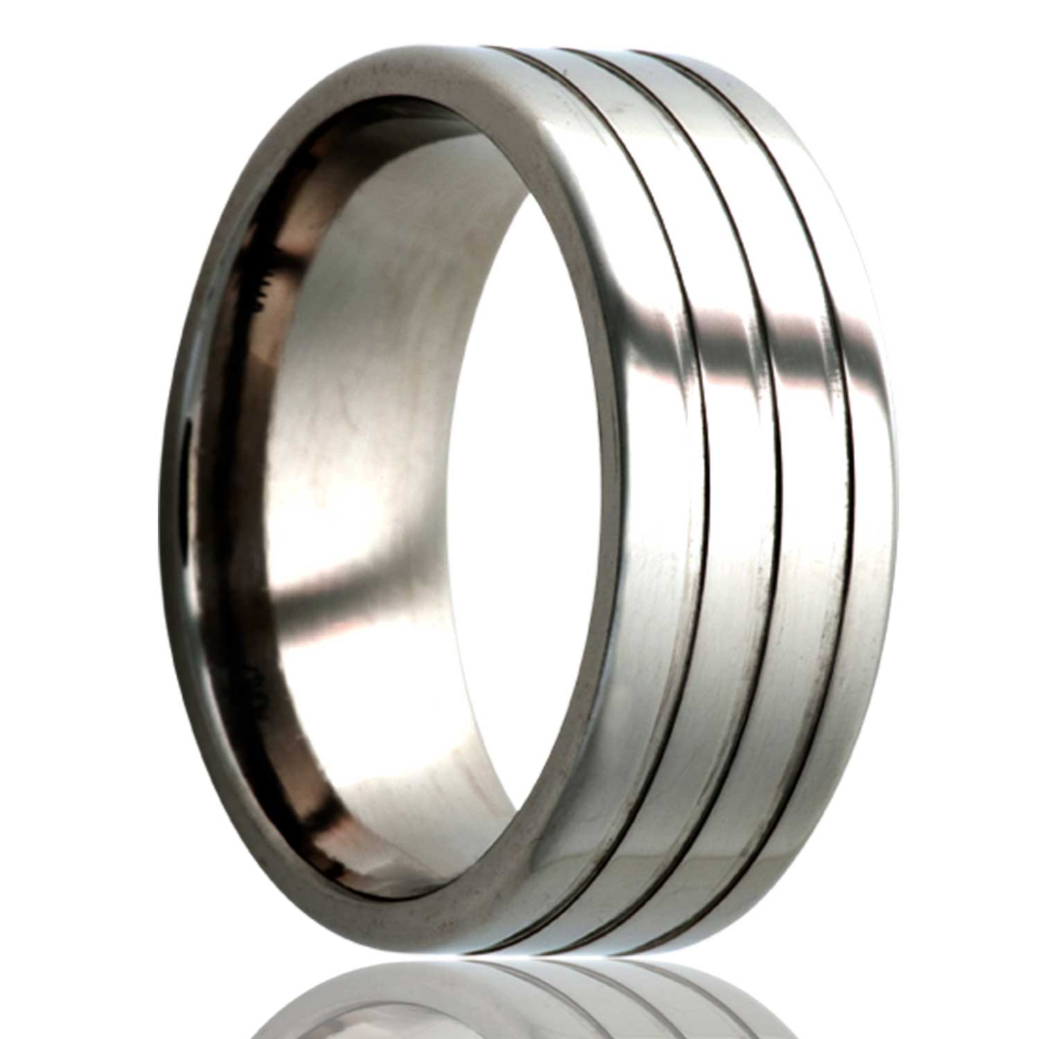 A triple grooved titanium wedding band displayed on a neutral white background.