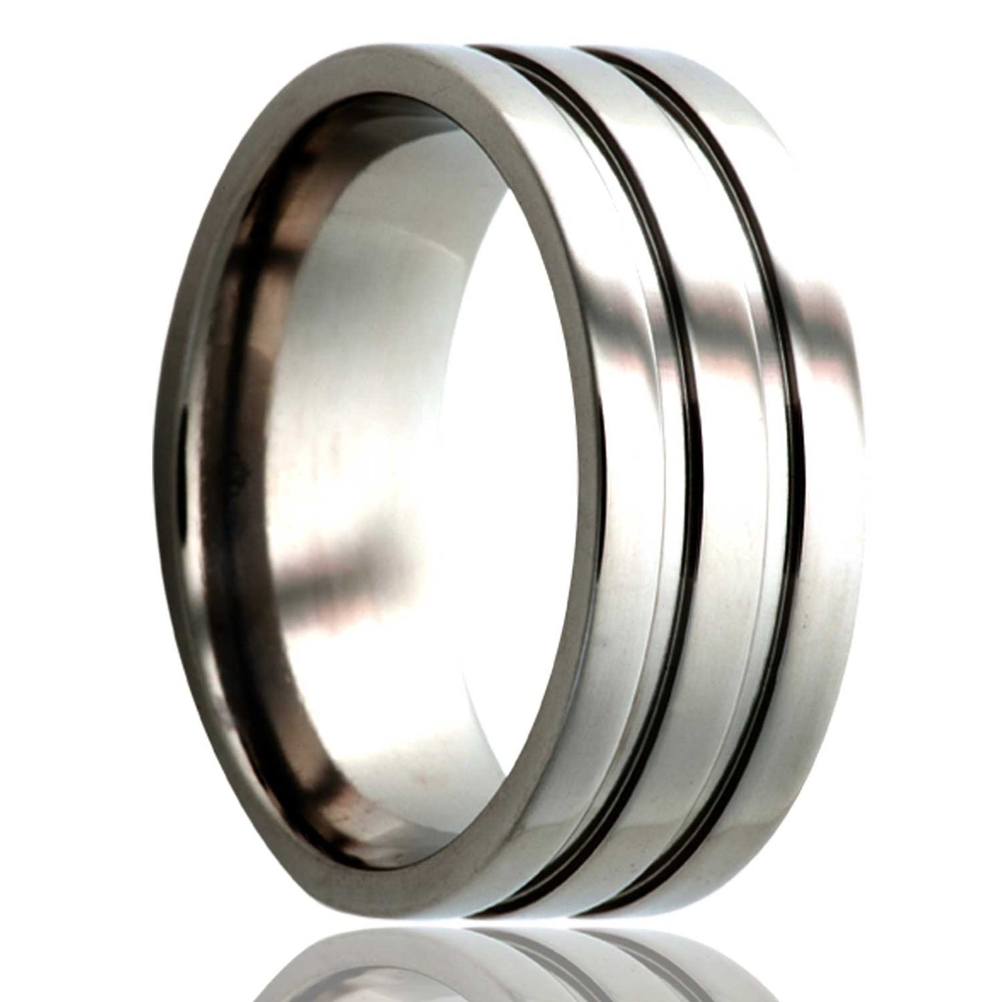 A dual grooved titanium wedding band displayed on a neutral white background.