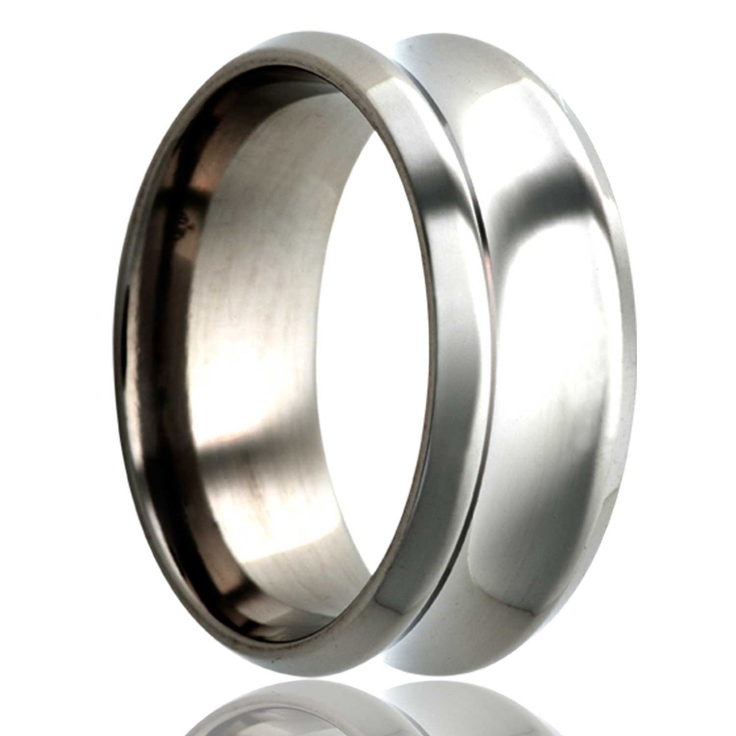 A concave titanium wedding band with beveled edges displayed on a neutral white background.