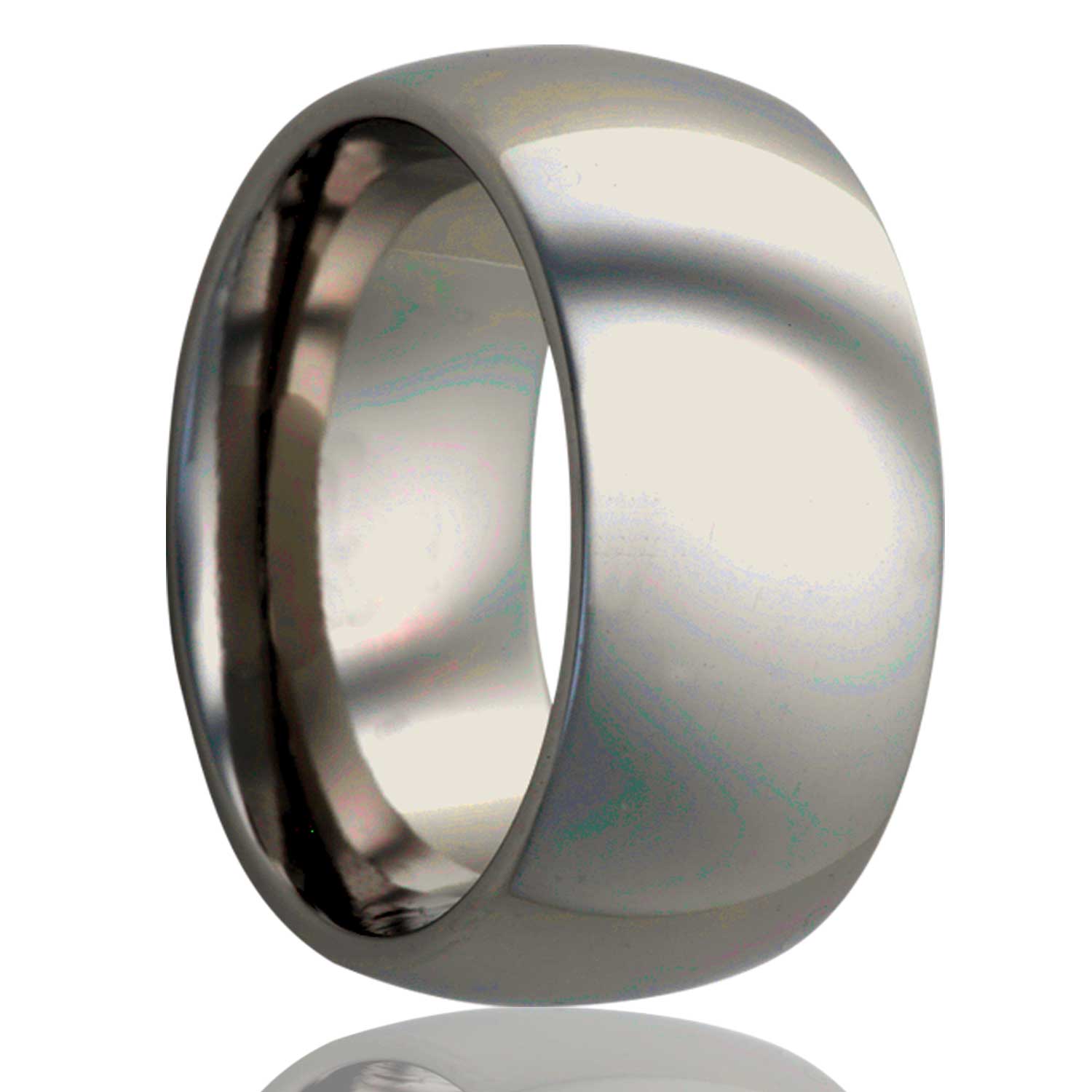 A domed titanium wedding band displayed on a neutral white background.