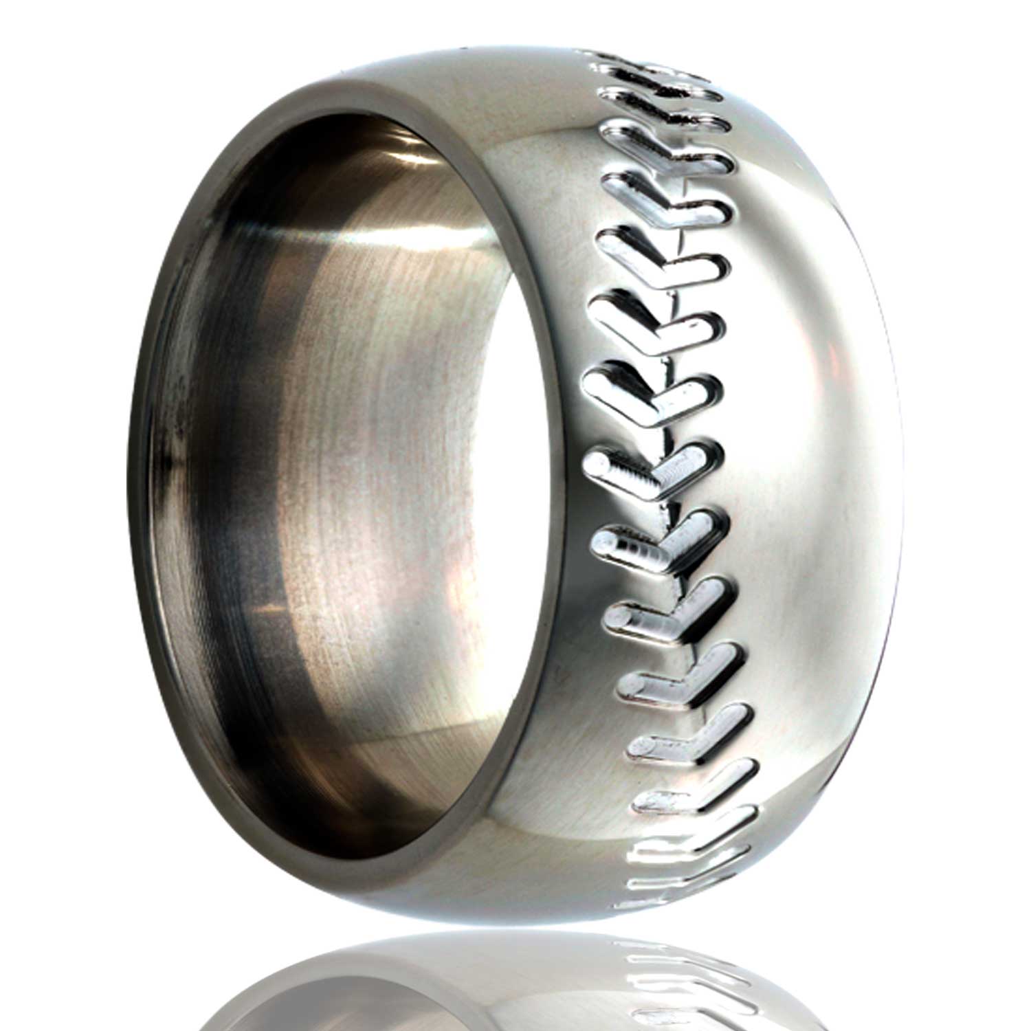 A baseball pattern domed titanium wedding band displayed on a neutral white background.