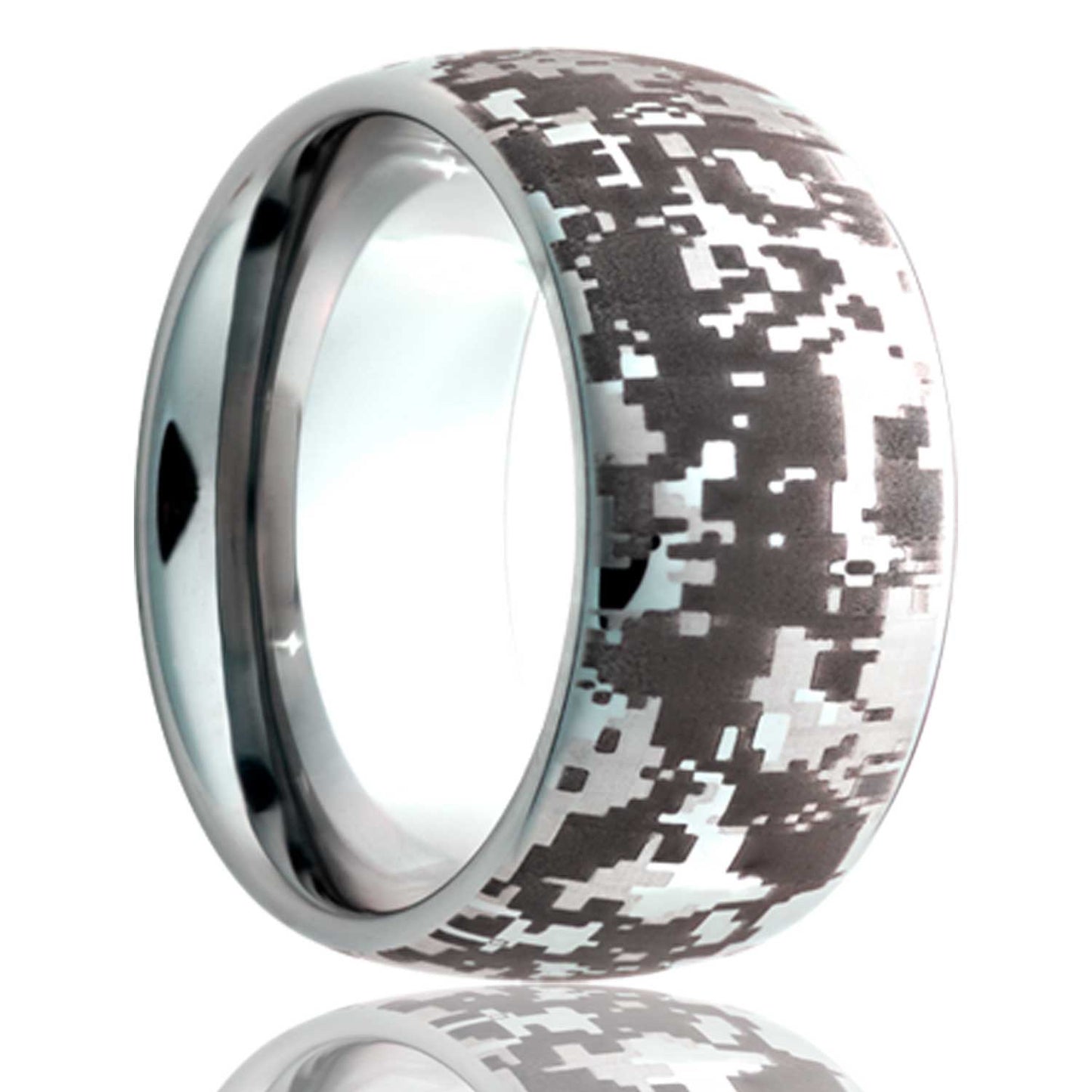 A digital camo domed titanium wedding band displayed on a neutral white background.