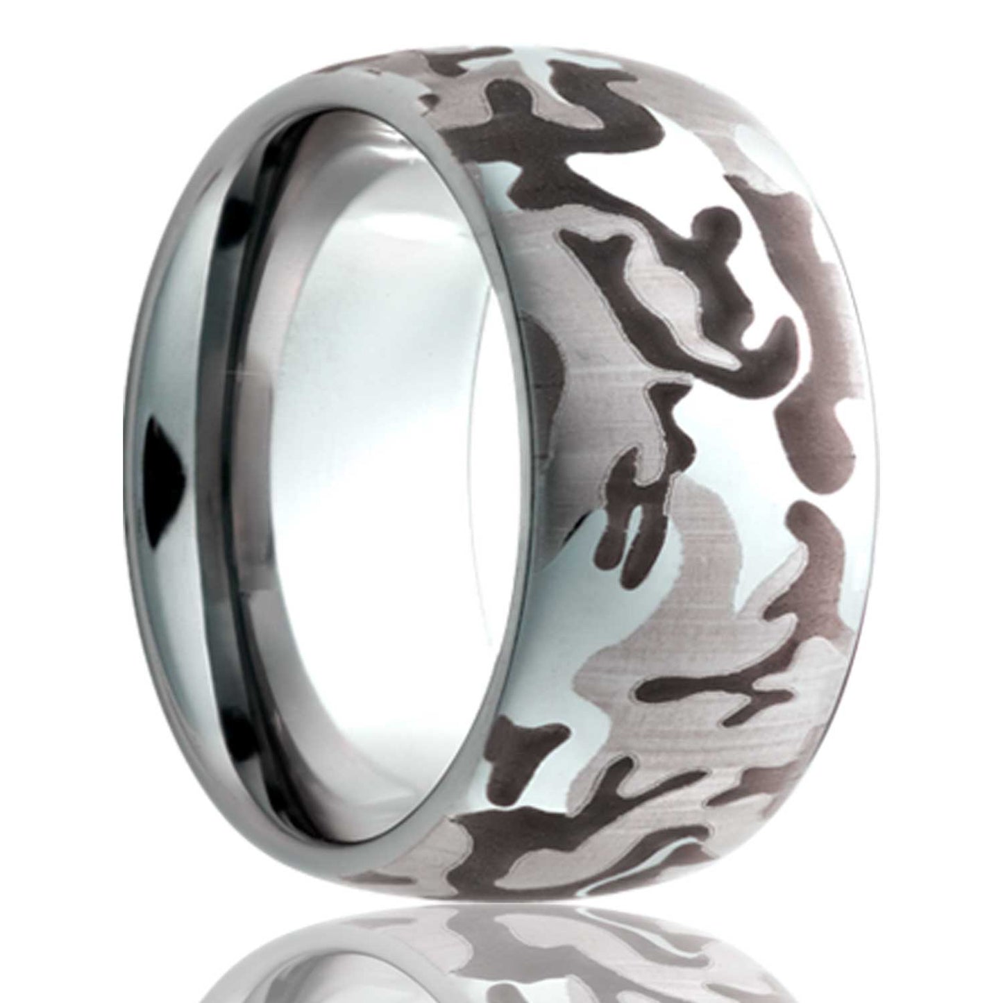 A engraved camo domed titanium wedding band displayed on a neutral white background.