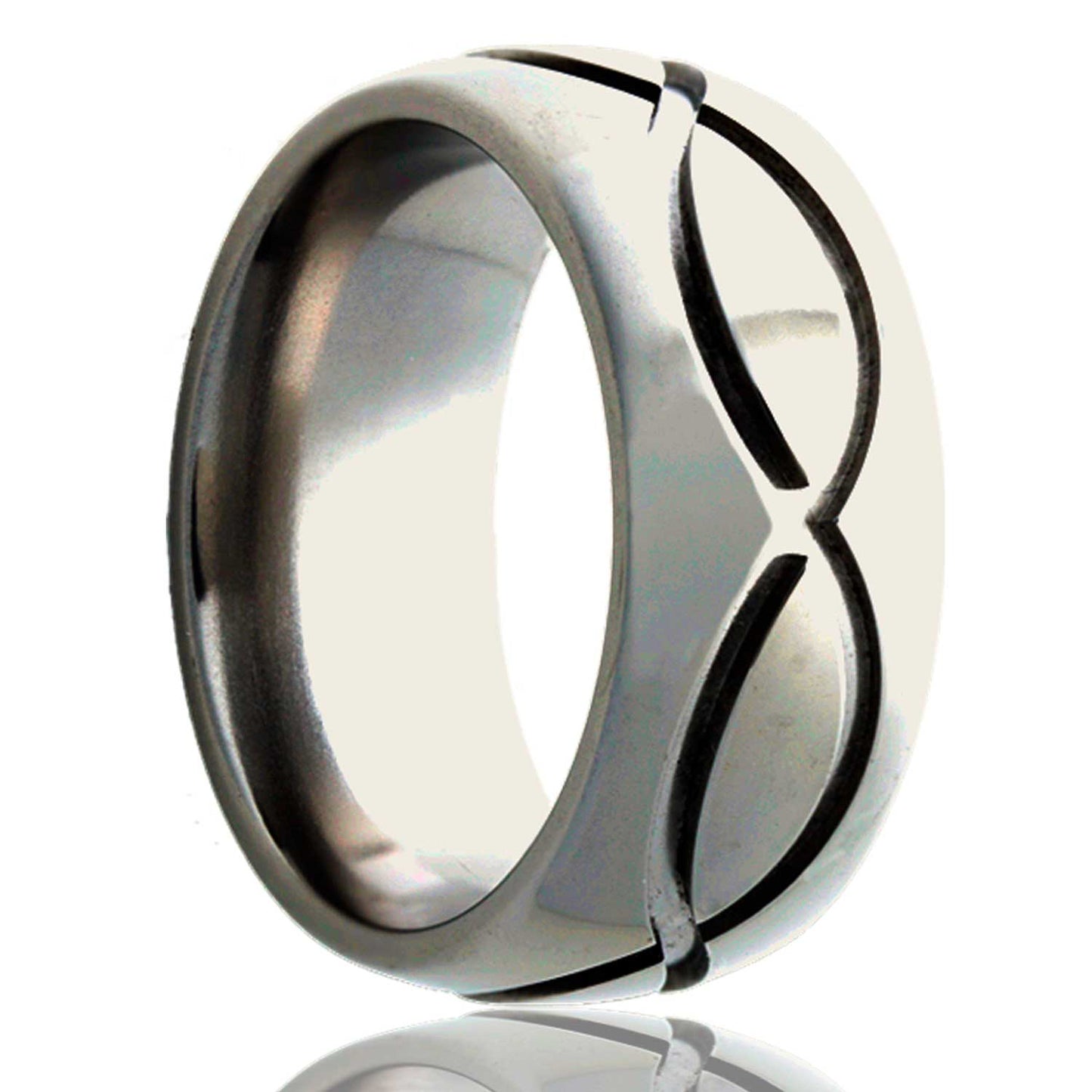 A infinity waves domed platinum wedding band displayed on a neutral white background.