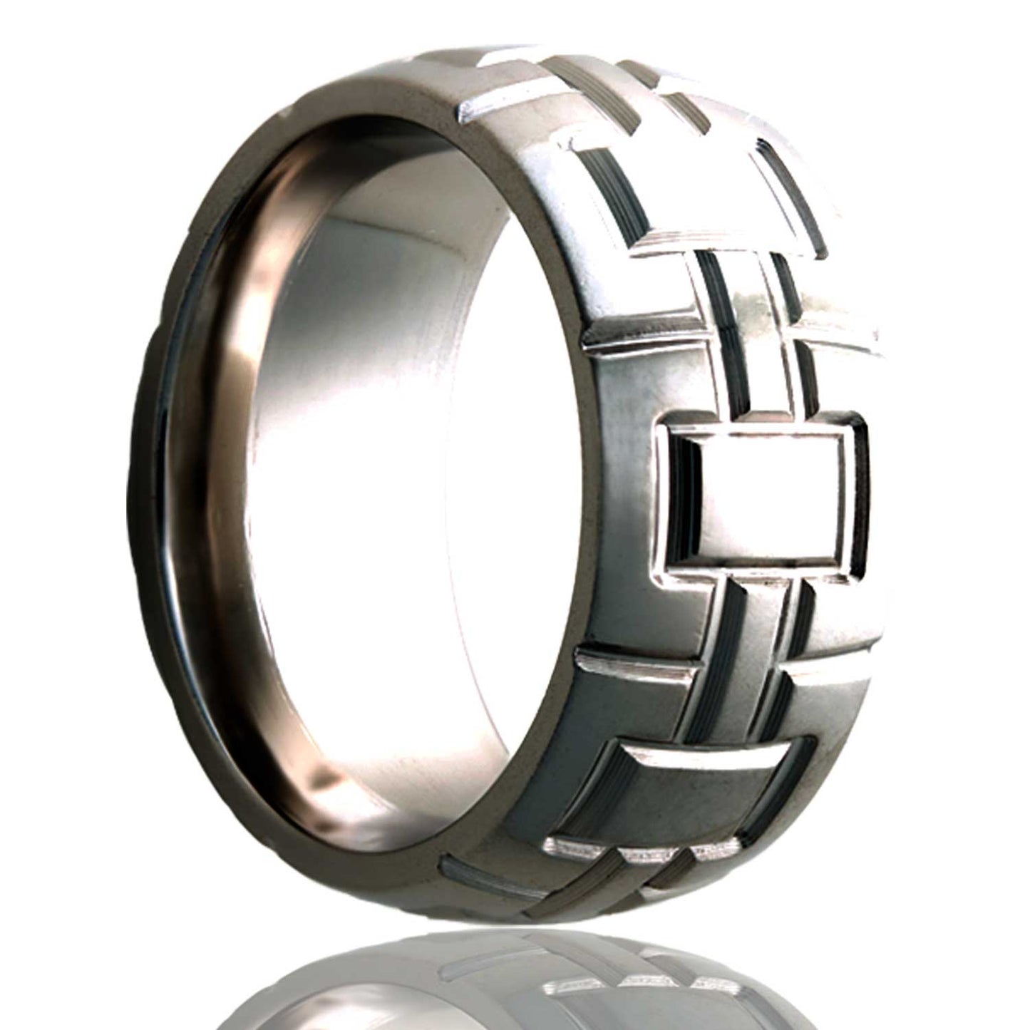 A geometric cube pattern domed titanium wedding band displayed on a neutral white background.