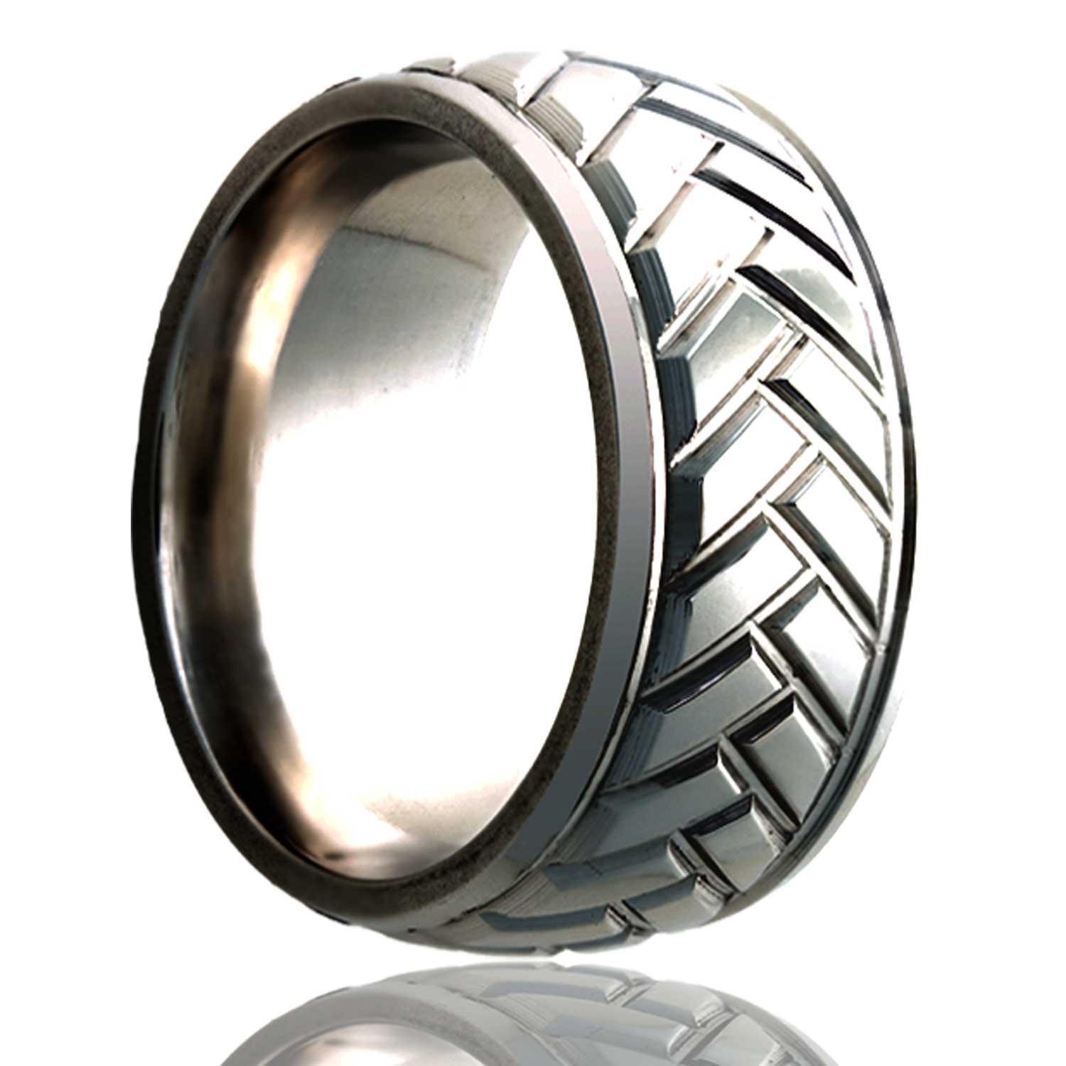 A herringbone pattern domed titanium wedding band displayed on a neutral white background.