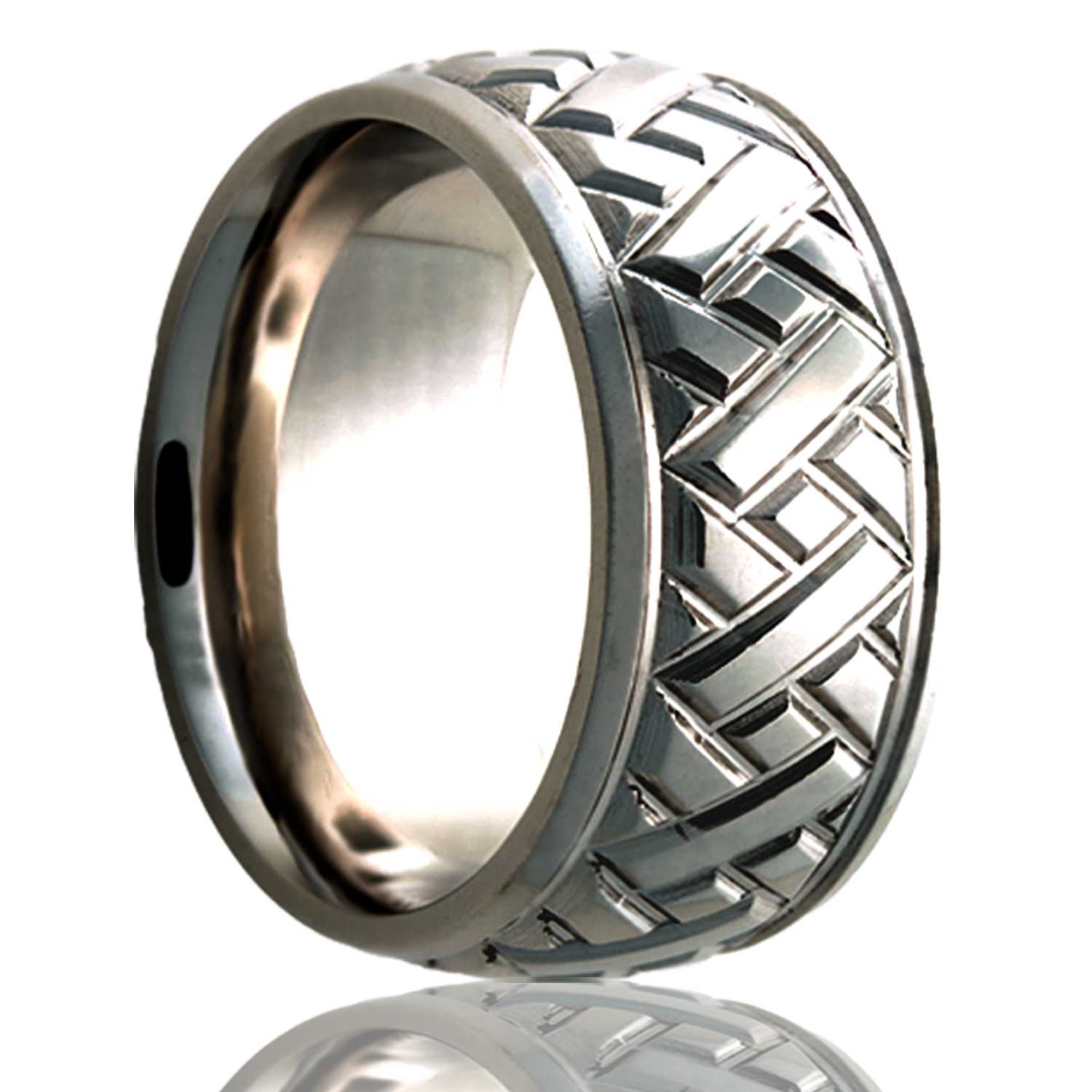 A grooved diagonal pattern domed titanium wedding band displayed on a neutral white background.