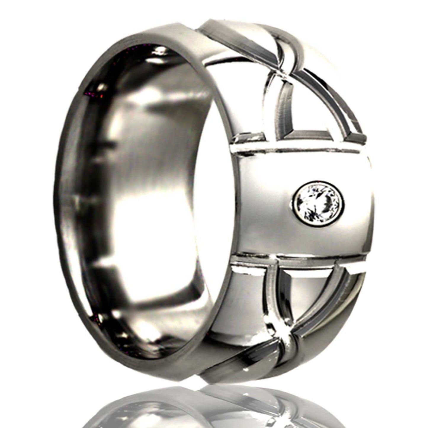 A infinity waves domed titanium men's wedding band with diamond displayed on a neutral white background.
