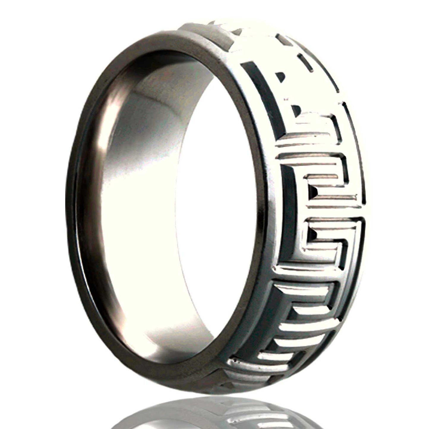 A greek key domed titanium wedding band displayed on a neutral white background.
