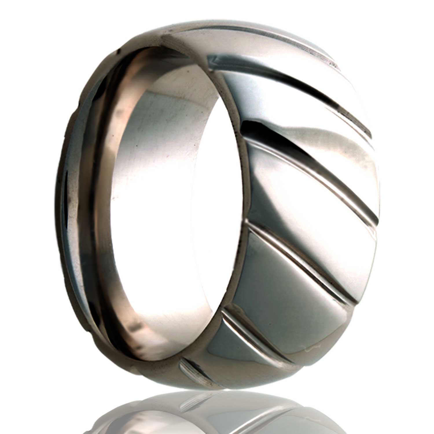 A diagonal grooves domed titanium wedding band displayed on a neutral white background.